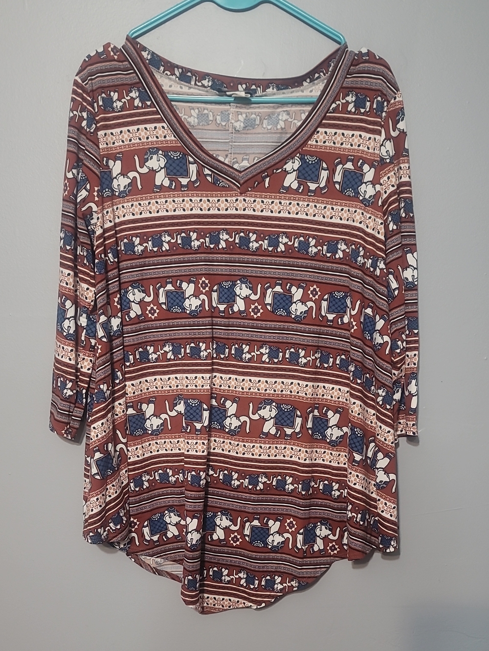 Star Vixen Rust and Blue Elephant Print V-Neck Tunic